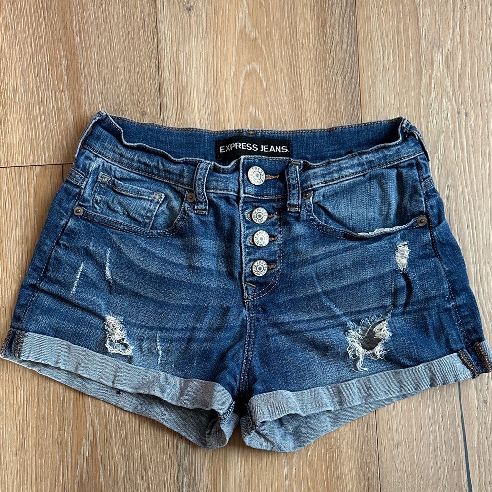 Express Dark Blue Distressed Denim Shorts